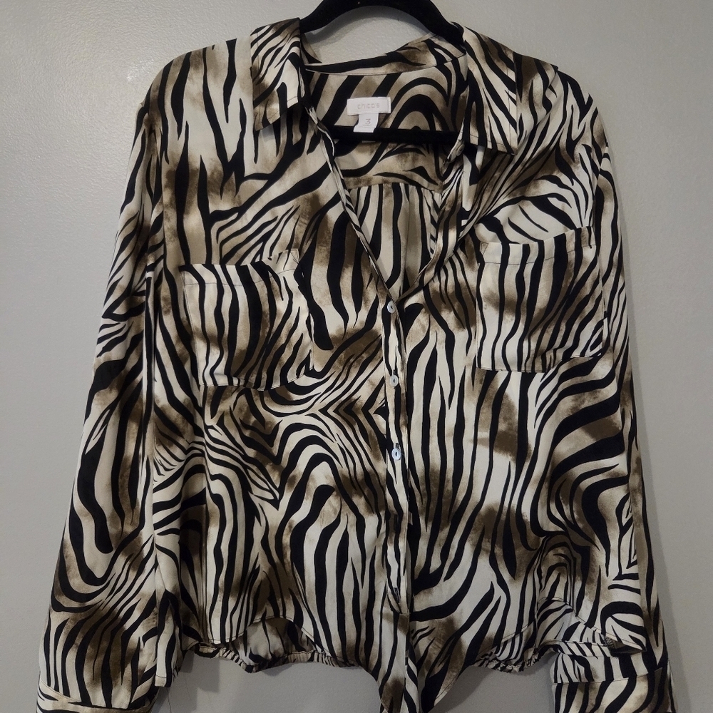 Chico's Women's Brown Zebra Print Tie Long Sleeve Blouse XL